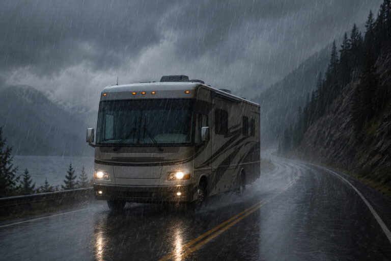 A large motorhome drives along a winding mountain road during a heavy rainstorm. Dark storm clouds fill the sky as rain pours down onto the wet pavement, reflecting the RV’s headlights. Misty mountains, pine trees, and water spray from the tires create a dramatic and moody atmosphere