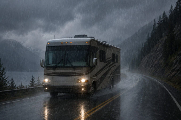 A large motorhome drives along a winding mountain road during a heavy rainstorm. Dark storm clouds fill the sky as rain pours down onto the wet pavement, reflecting the RV’s headlights. Misty mountains, pine trees, and water spray from the tires create a dramatic and moody atmosphere