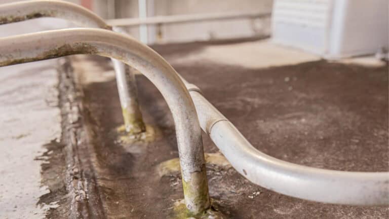 Close-up of an aging RV roof with stained metal tubing, deteriorated sealant, and green algae growth around the mounting points.
