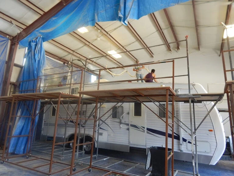 camper getting worked on in the shop