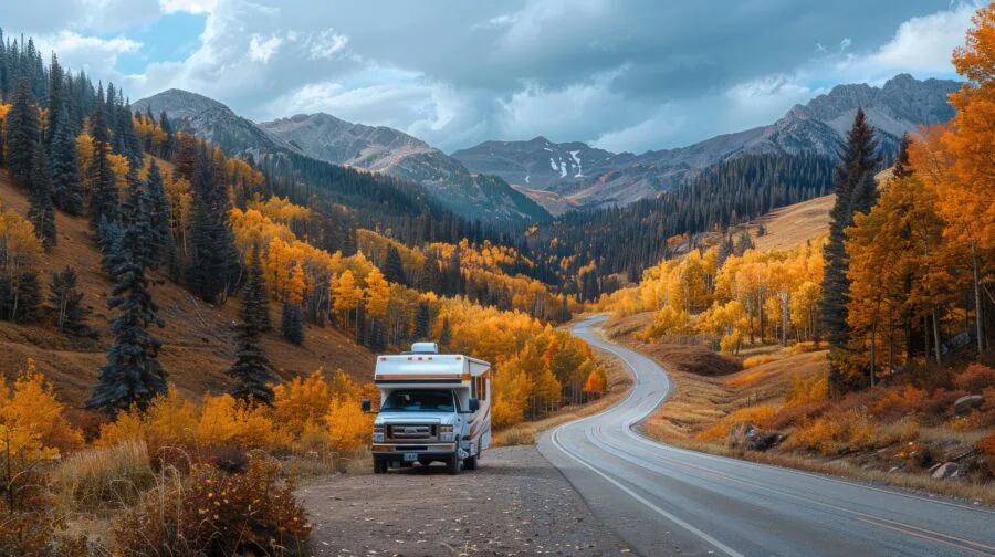 An RV parked off a winding asphalt road surrounded by vibrant autumn foliage.